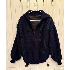 Branigan Weavers Wool Sweater M Green Blue Plaid Full Zip Ireland Vintage Knit